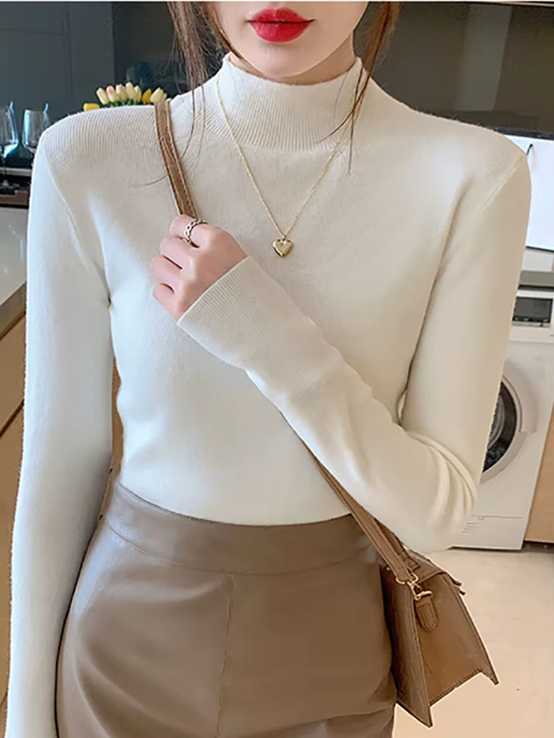 Women's Elegant Turtleneck Knit Sweater – Soft Stretch Long Sleeve Slim Fit Pullover