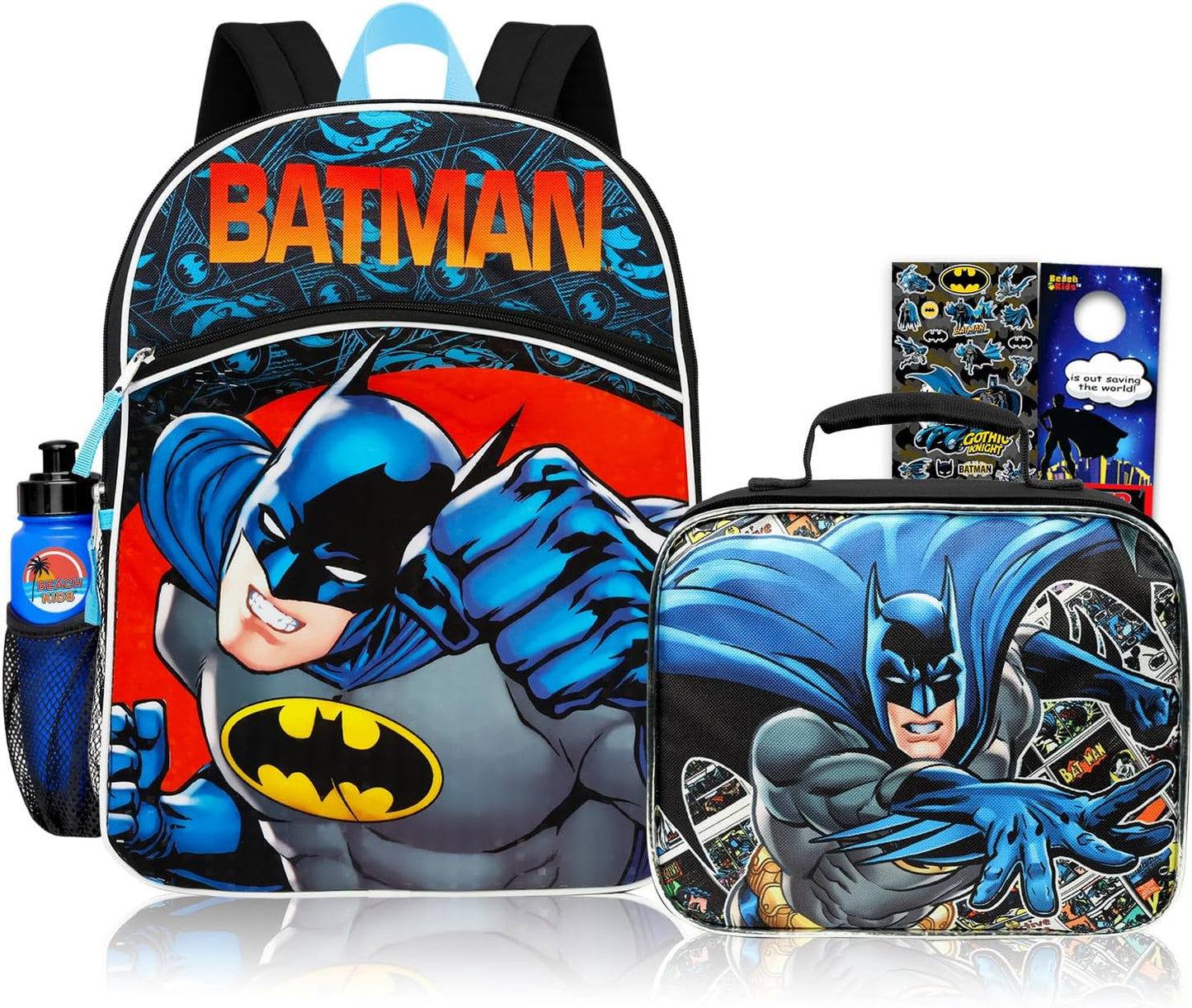 Official DC Comics Batman Kids Backpack Set – 16" Backpack with Lunch Bag & Accessories