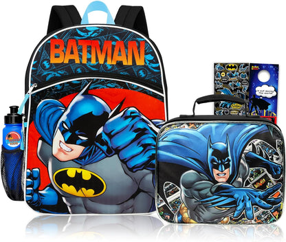Official DC Comics Batman Kids Backpack Set – 16" Backpack with Lunch Bag & Accessories