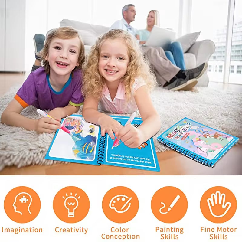 Magic Water Coloring Book for Kids – Reusable Water Painting Book with Water Brush