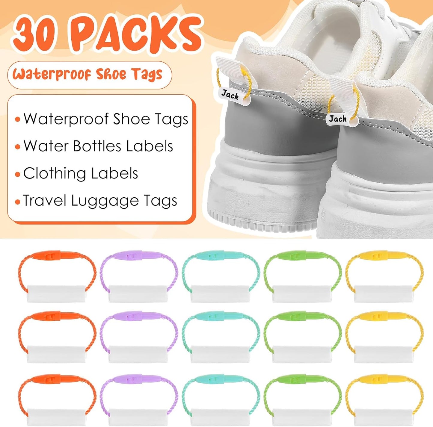 30 Pairs Waterproof Kids Name Tags – Shoe, Backpack & Bottle Labels
