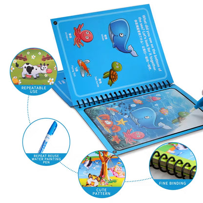 Magic Water Coloring Book for Kids – Reusable Water Painting Book with Water Brush