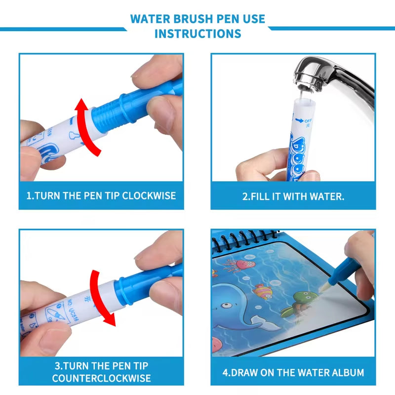 Magic Water Coloring Book for Kids – Reusable Water Painting Book with Water Brush