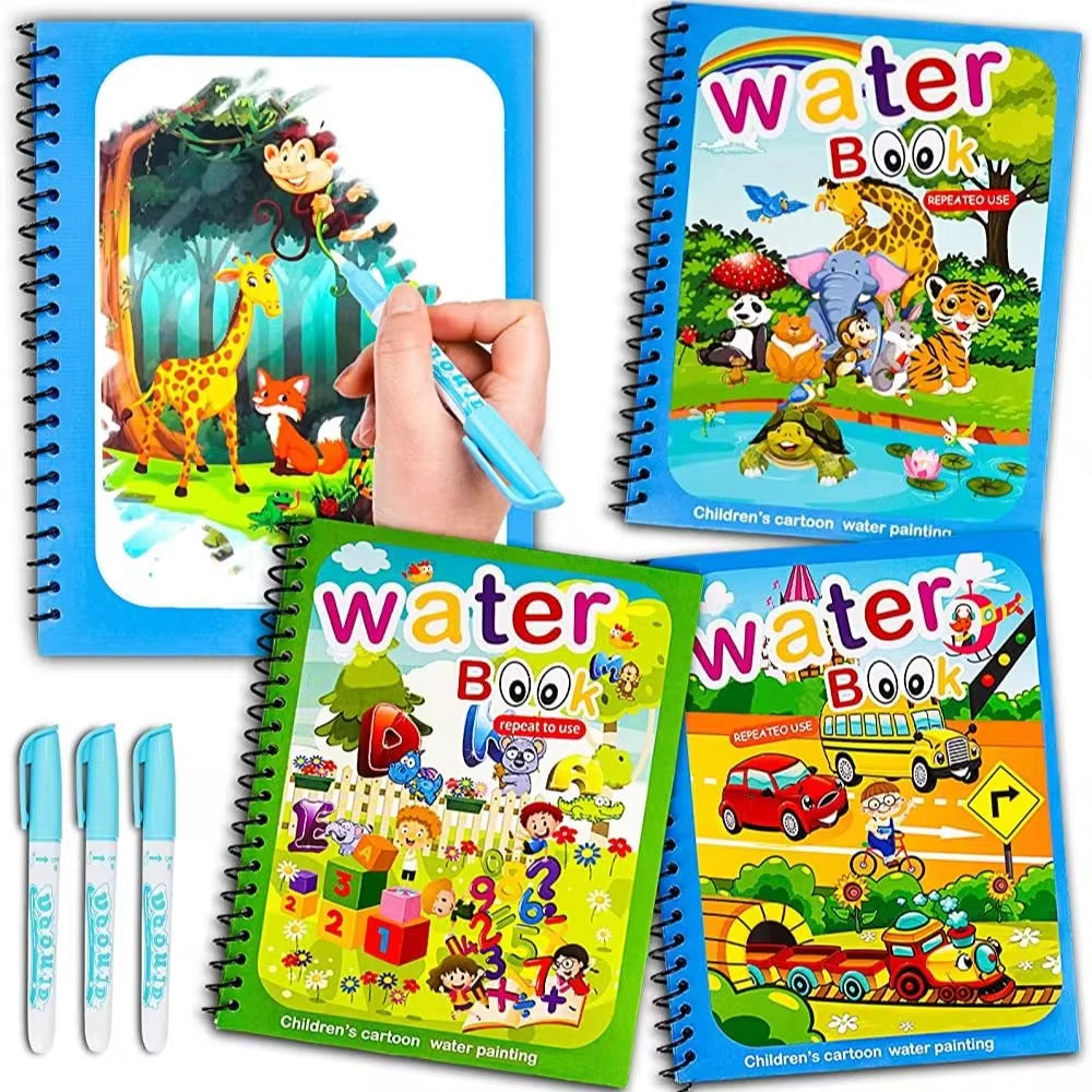 Magic Water Coloring Book for Kids – Reusable Water Painting Book with Water Brush
