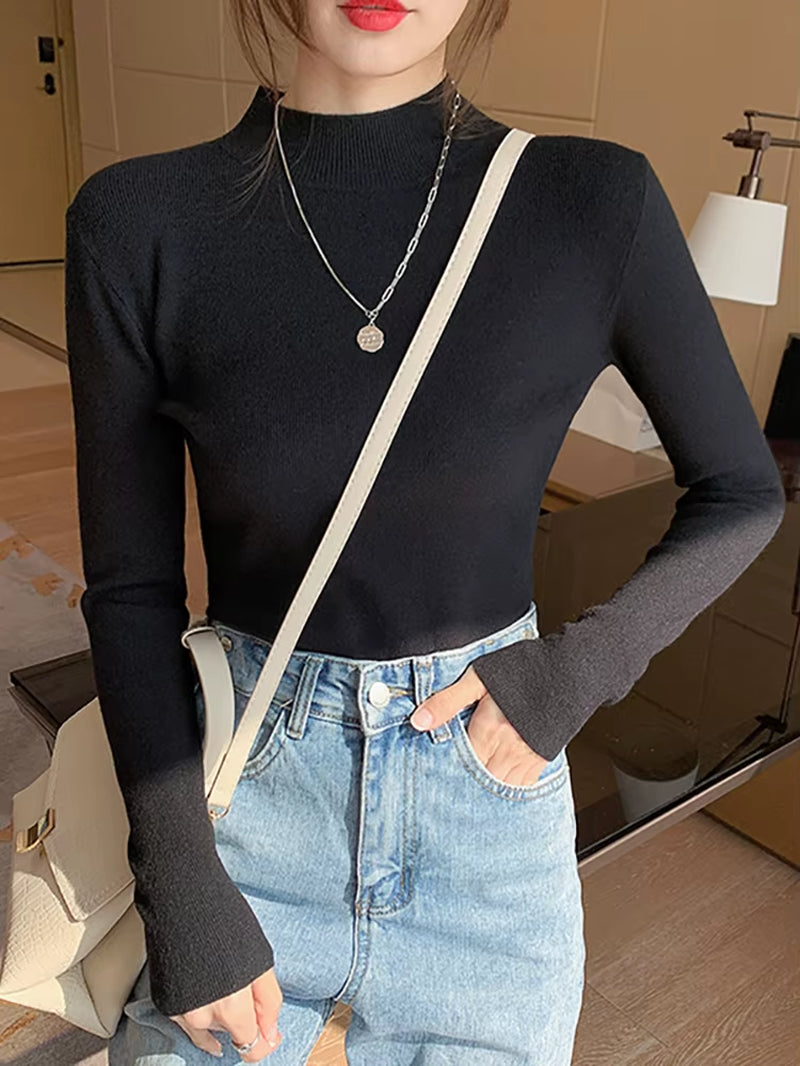 Women's Elegant Turtleneck Knit Sweater – Soft Stretch Long Sleeve Slim Fit Pullover