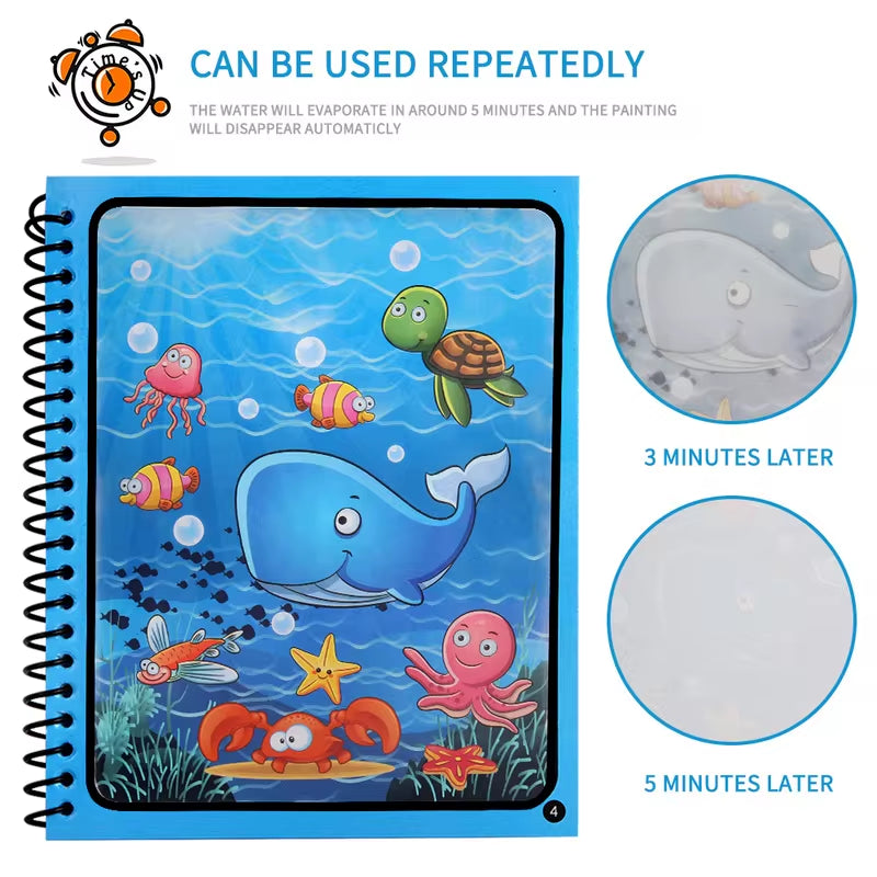 Magic Water Coloring Book for Kids – Reusable Water Painting Book with Water Brush