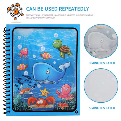 Magic Water Coloring Book for Kids – Reusable Water Painting Book with Water Brush