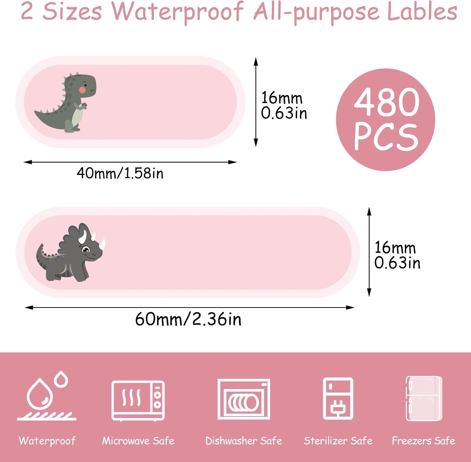 480-Piece Cute Dinosaur Waterproof Daycare Name Labels