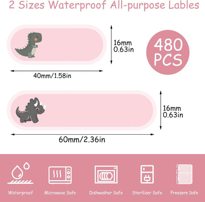 480-Piece Cute Dinosaur Waterproof Daycare Name Labels