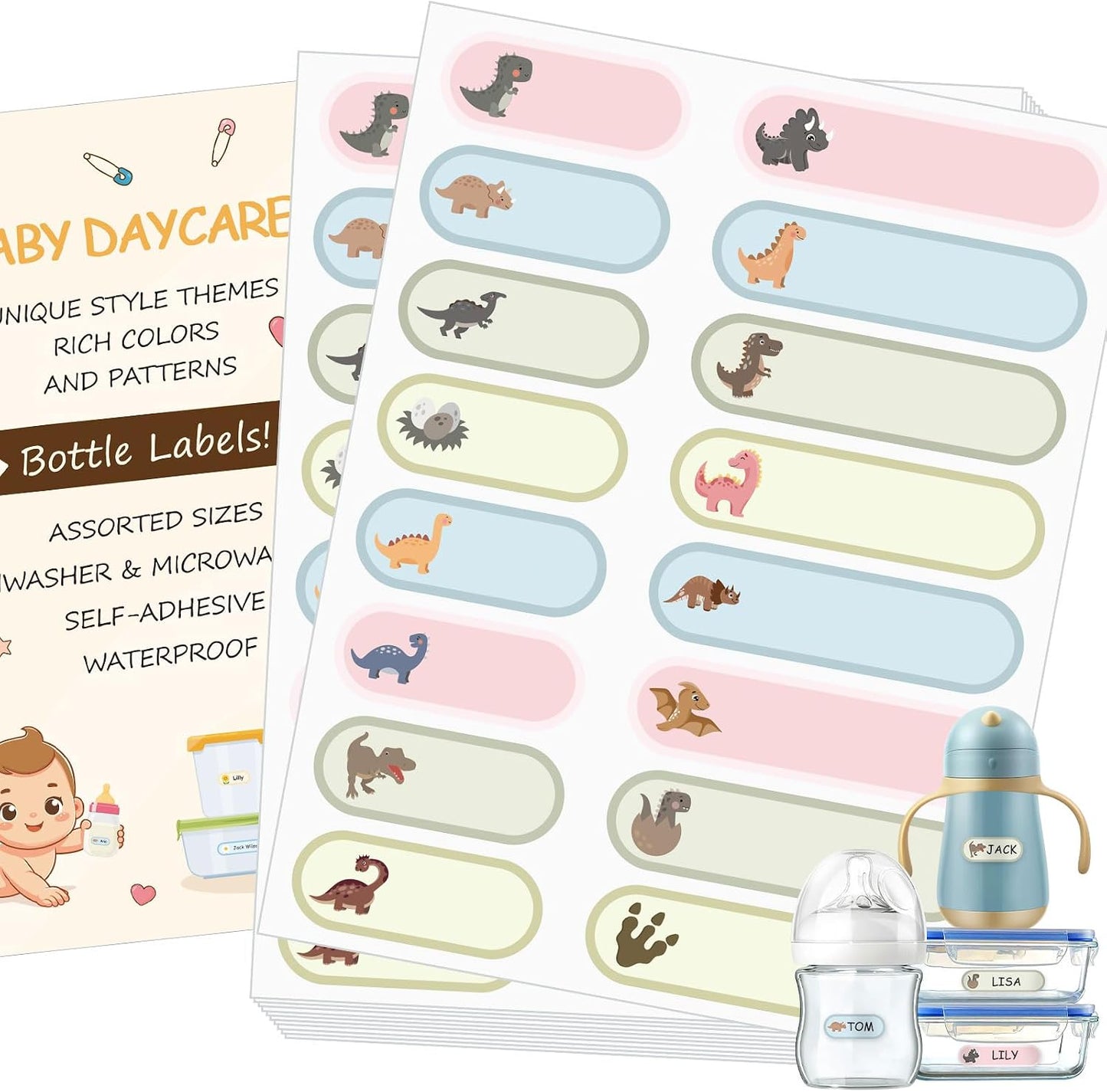 480-Piece Cute Dinosaur Waterproof Daycare Name Labels